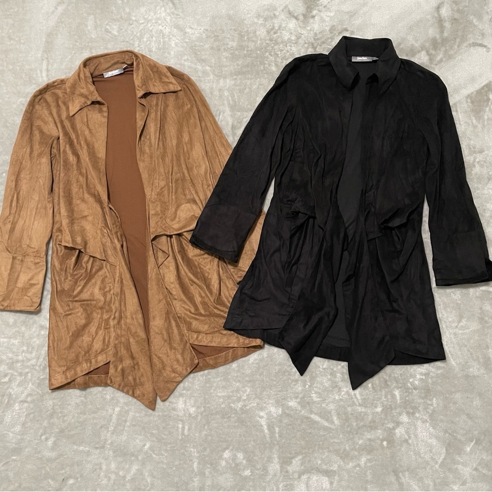 Neiman Marcus Lot 2 Faux Suede Jackets XS Black Camel Belted Trench Shacket